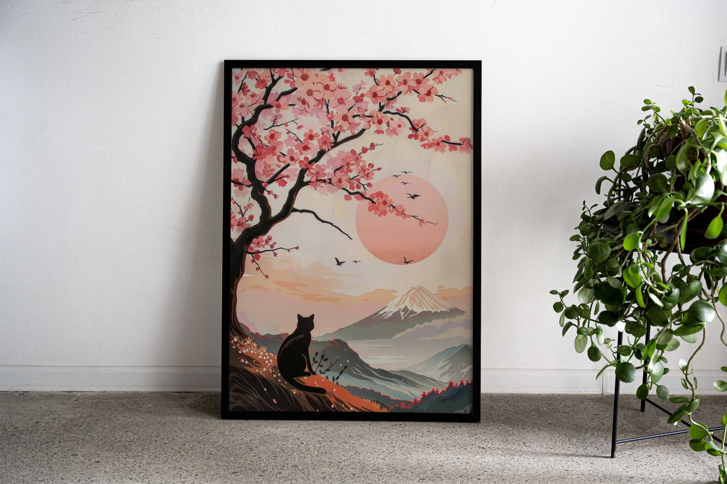 Black Cat under Sakura Asian Style Poster | Wall Art for Home & Office | High-Quality Print