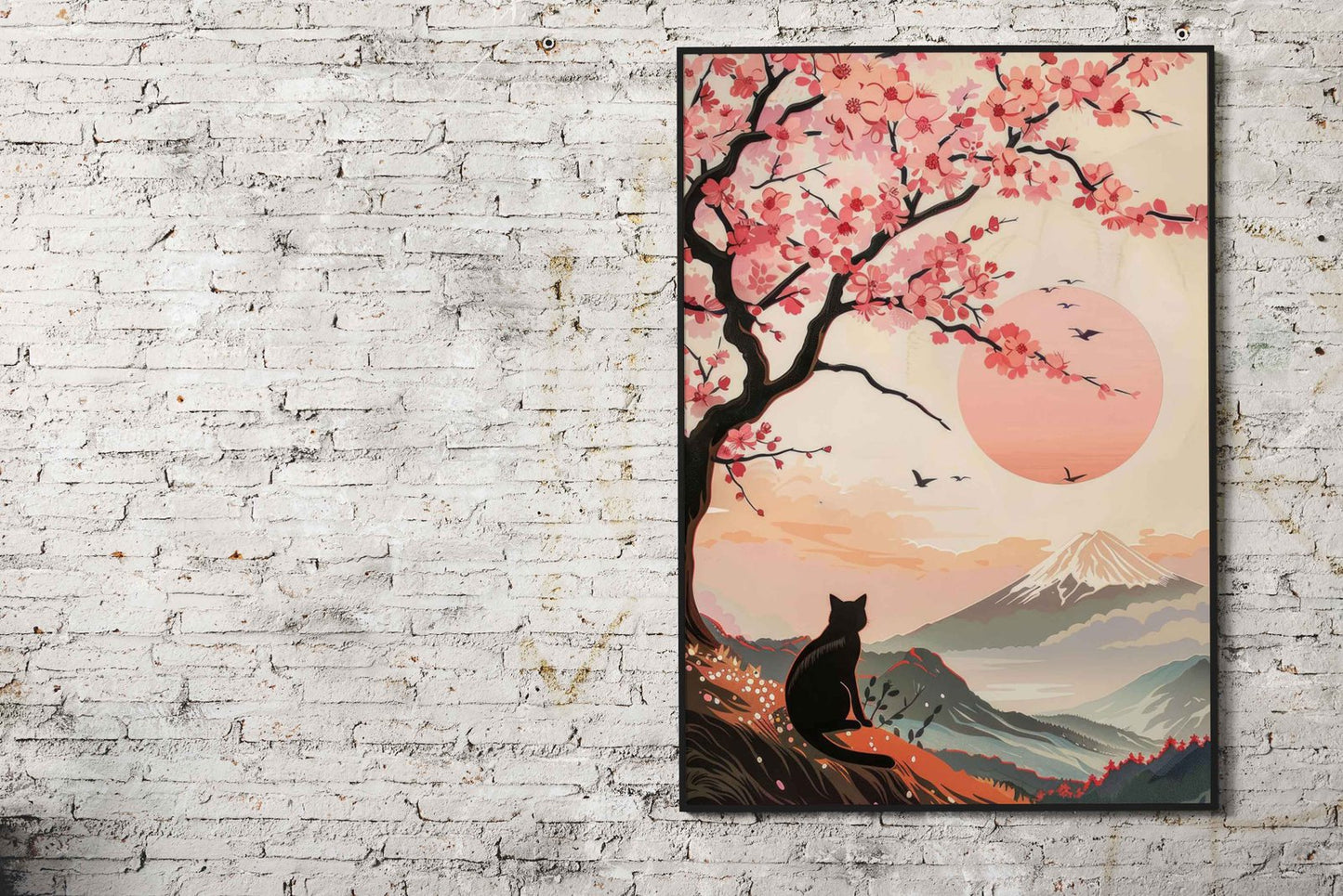 Black Cat under Sakura Asian Style Poster | Wall Art for Home & Office | High-Quality Print