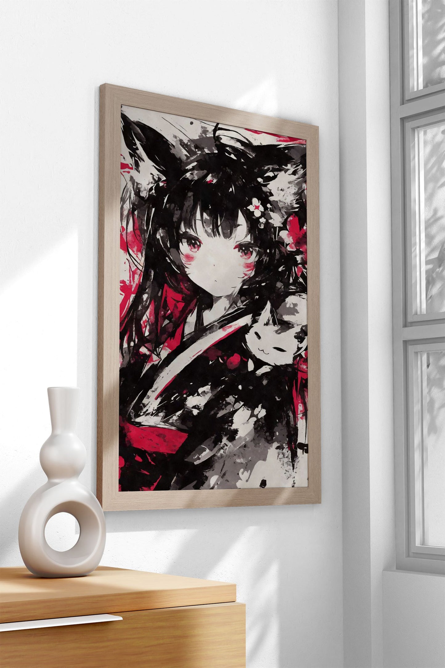 Black Ink Nekomimi Cat Asian Style Poster | Wall Art for Home & Office | High-Quality Print