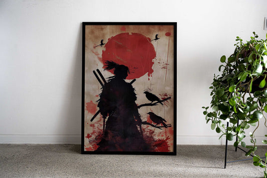 Black-necked Crane with Red Moon Asian Style Poster | Wall Art for Home & Office | High-Quality Print