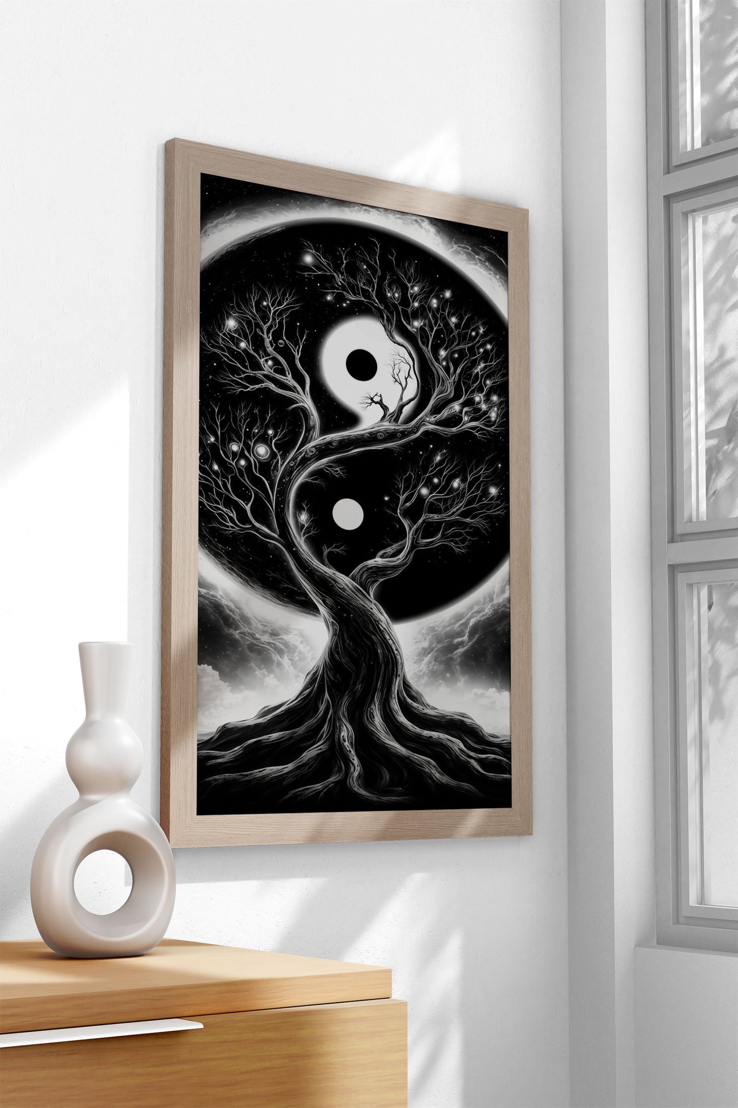 Black and White Yin Yang Space Tree Asian Style Poster | Wall Art for Home & Office | High-Quality Print