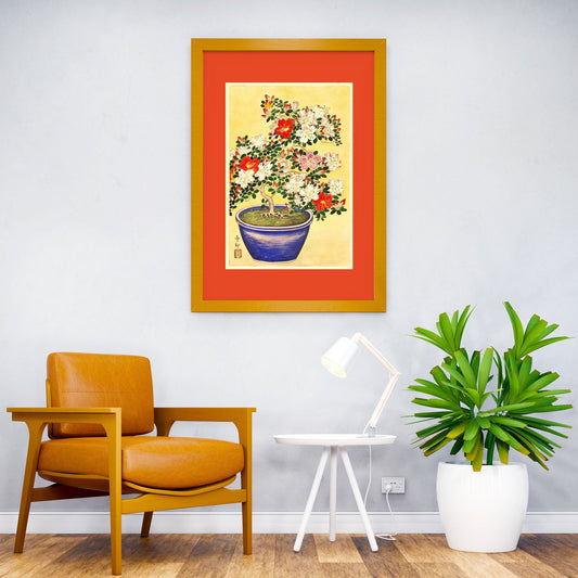 Blooming Azalea Blue Pot Asian Style Poster | Wall Art for Home & Office | High-Quality Print