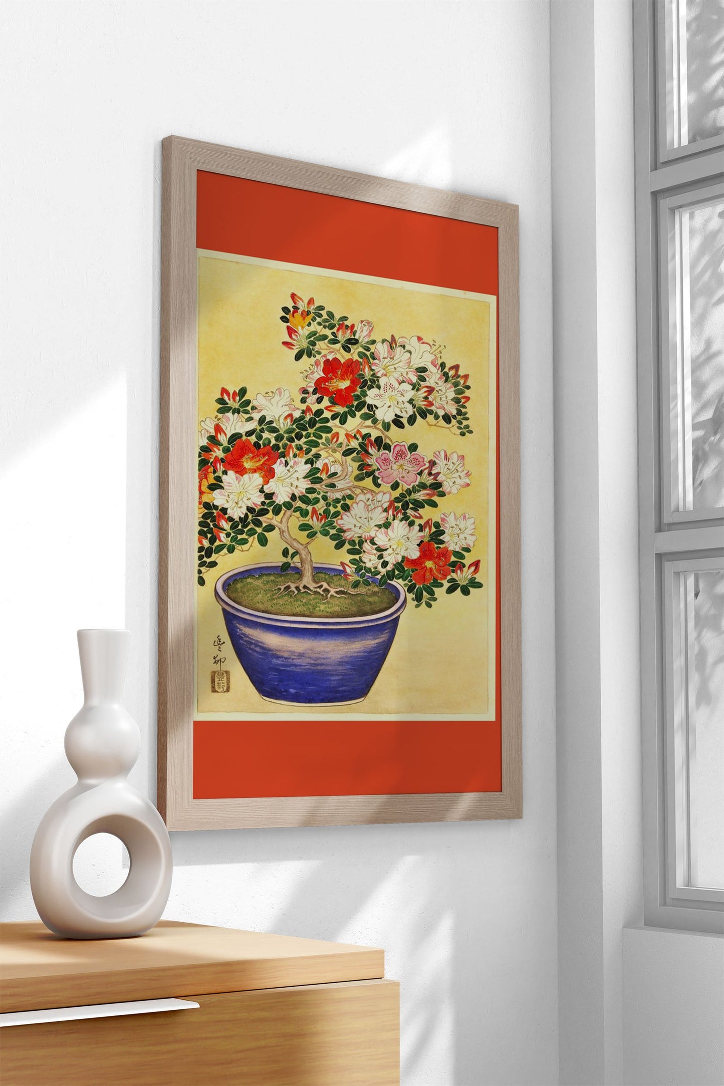 Blooming Azalea Blue Pot Asian Style Poster | Wall Art for Home & Office | High-Quality Print