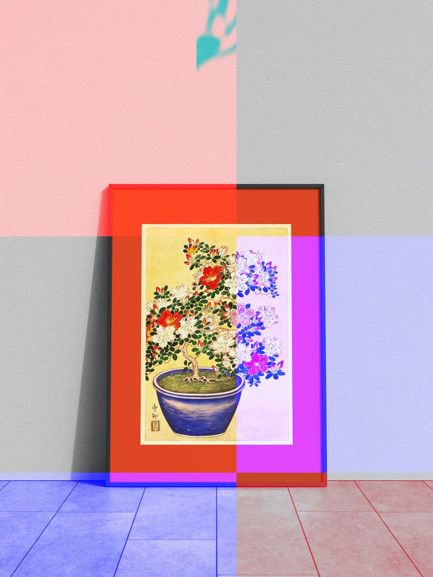 Blooming Azalea Blue Pot Asian Style Poster | Wall Art for Home & Office | High-Quality Print