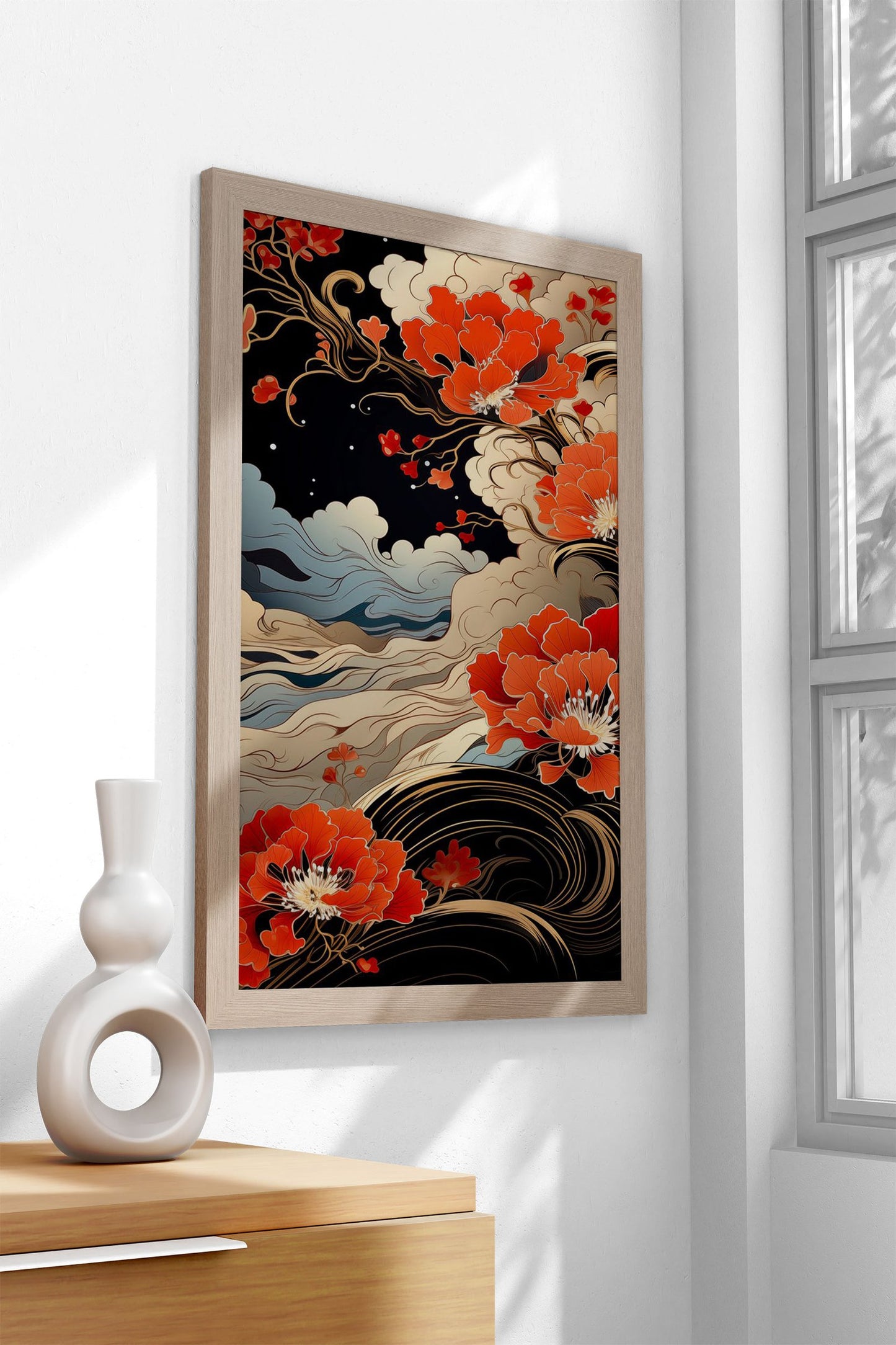 Blossoms Over Waves Asian Style Poster | Wall Art for Home & Office | High-Quality Print