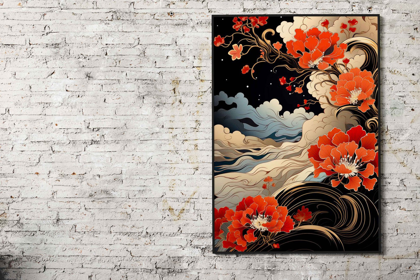Blossoms Over Waves Asian Style Poster | Wall Art for Home & Office | High-Quality Print