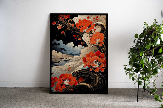 Blossoms Over Waves Asian Style Poster | Wall Art for Home & Office | High-Quality Print