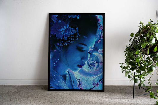 Blue Geisha with Flowers Asian Style Poster | Wall Art for Home & Office | High-Quality Print
