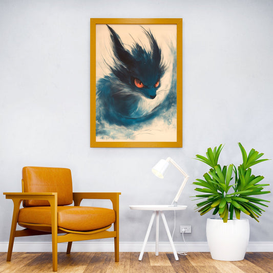 Blue Kitsune Fox with Fiery Eyes Asian Style Poster | Wall Art for Home & Office | High-Quality Print