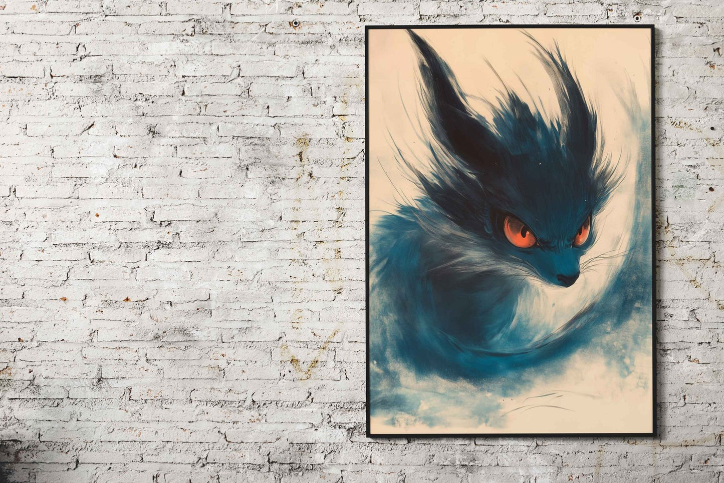 Blue Kitsune Fox with Fiery Eyes Asian Style Poster | Wall Art for Home & Office | High-Quality Print