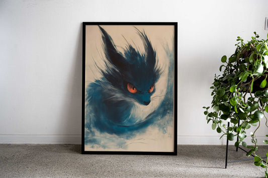 Blue Kitsune Fox with Fiery Eyes Asian Style Poster | Wall Art for Home & Office | High-Quality Print
