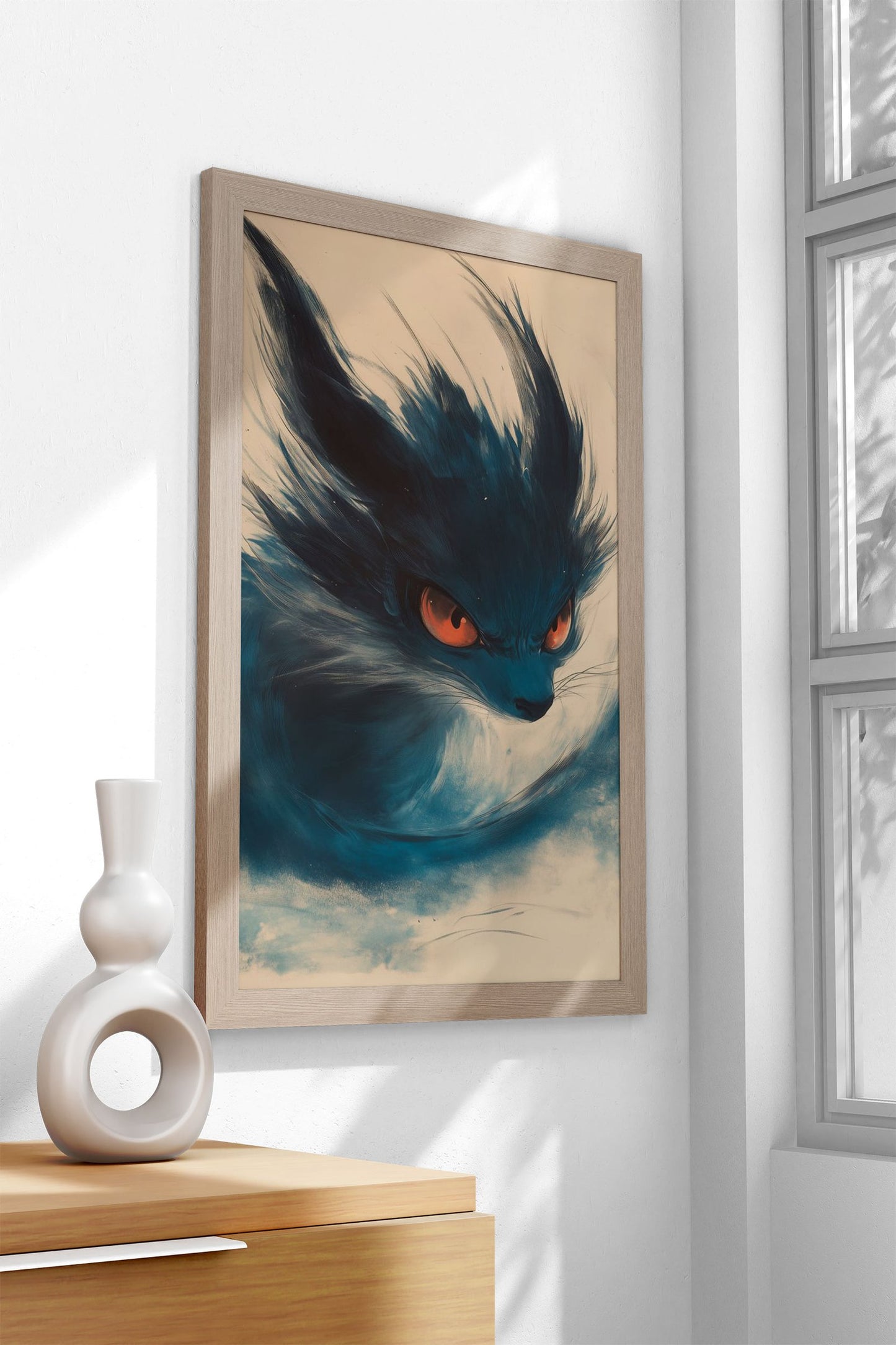 Blue Kitsune Fox with Fiery Eyes Asian Style Poster | Wall Art for Home & Office | High-Quality Print