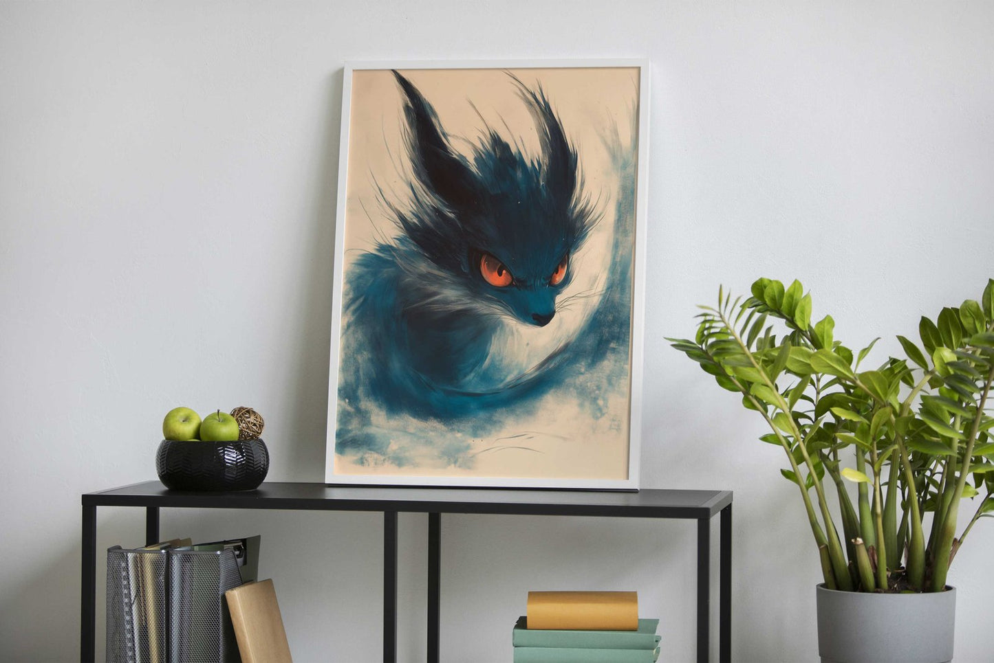 Blue Kitsune Fox with Fiery Eyes Asian Style Poster | Wall Art for Home & Office | High-Quality Print