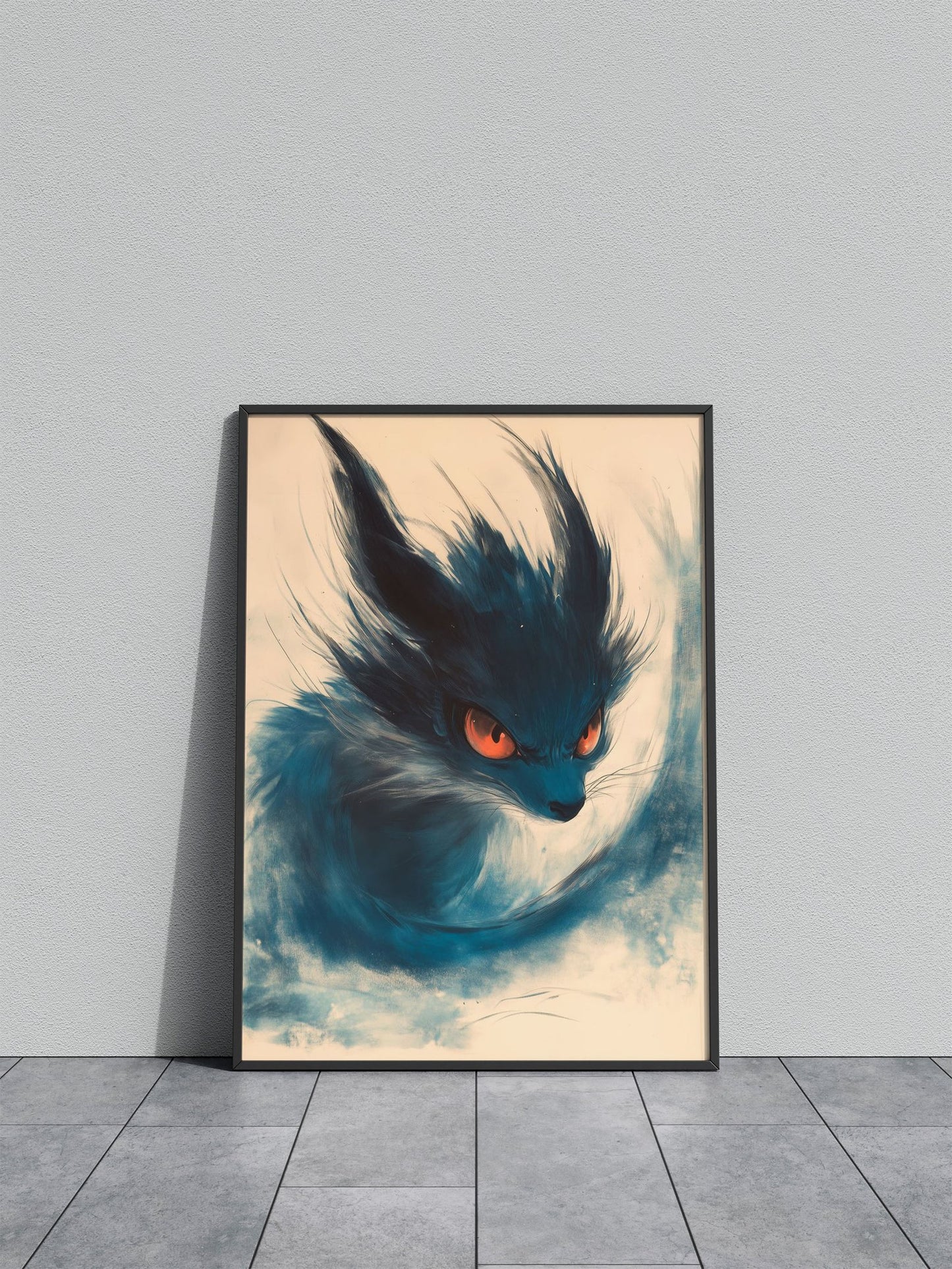 Blue Kitsune Fox with Fiery Eyes Asian Style Poster | Wall Art for Home & Office | High-Quality Print