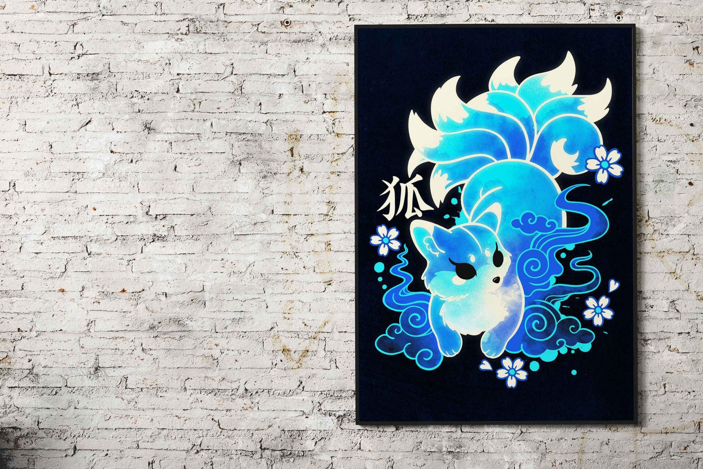 Blue Kitsune with Nine Tails Asian Style Poster | Wall Art for Home & Office | High-Quality Print
