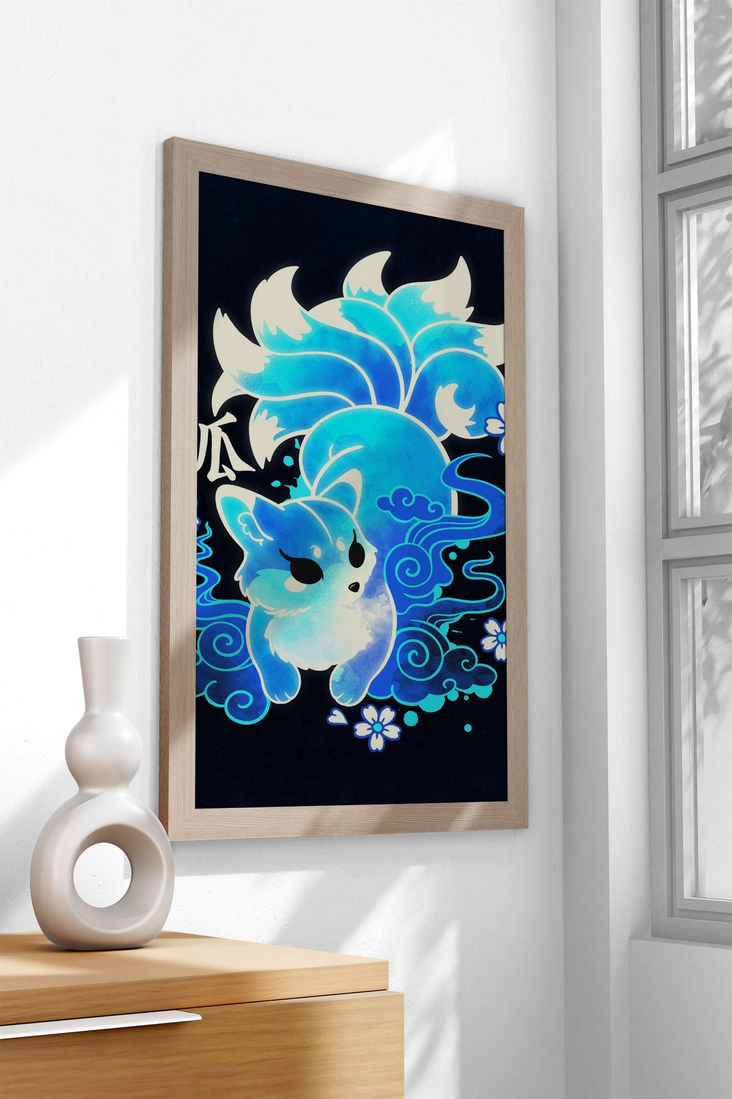 Blue Kitsune with Nine Tails Asian Style Poster | Wall Art for Home & Office | High-Quality Print