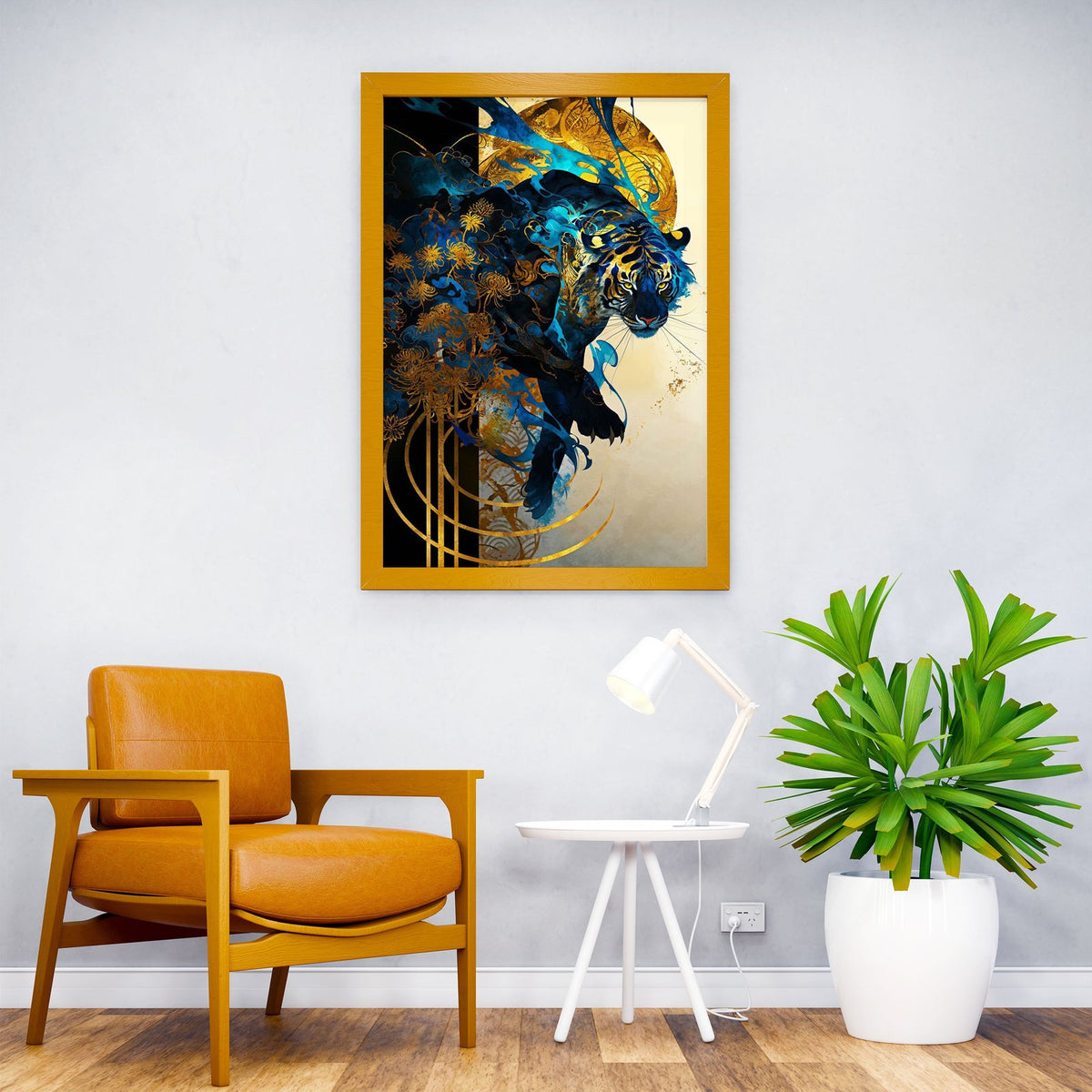 Blue Tiger with Golden Flowers Asian Style Poster | Wall Art for Home & Office | High-Quality Print - High-quality 