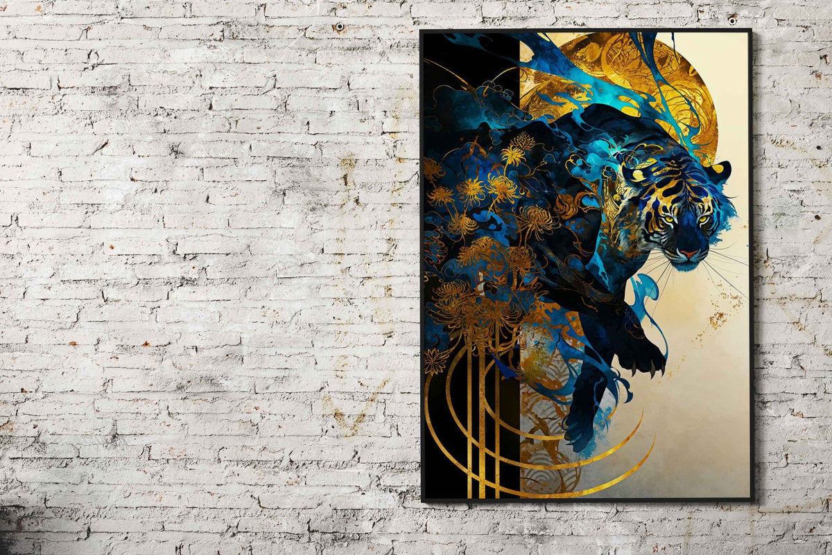 Blue Tiger with Golden Flowers Asian Style Poster | Wall Art for Home & Office | High-Quality Print - High-quality 