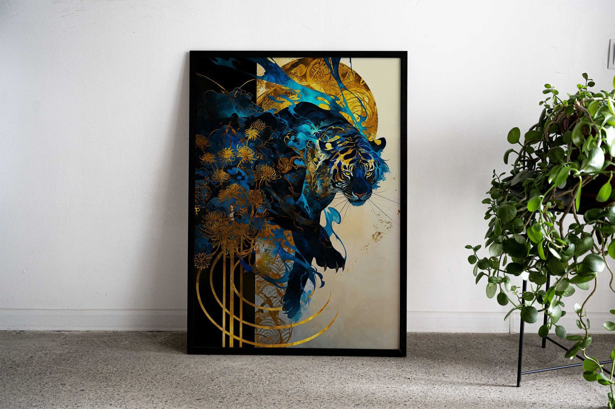 Blue Tiger with Golden Flowers Asian Style Poster | Wall Art for Home & Office | High-Quality Print - High-quality 