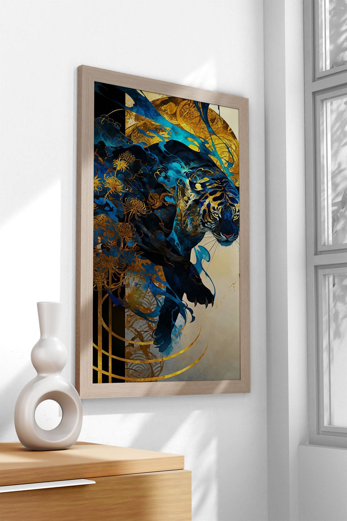 Blue Tiger with Golden Flowers Asian Style Poster | Wall Art for Home & Office | High-Quality Print - High-quality 