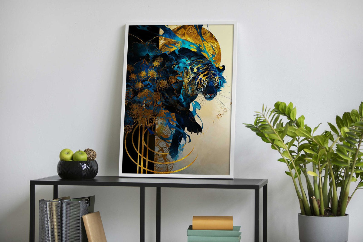Blue Tiger with Golden Flowers Asian Style Poster | Wall Art for Home & Office | High-Quality Print - High-quality 