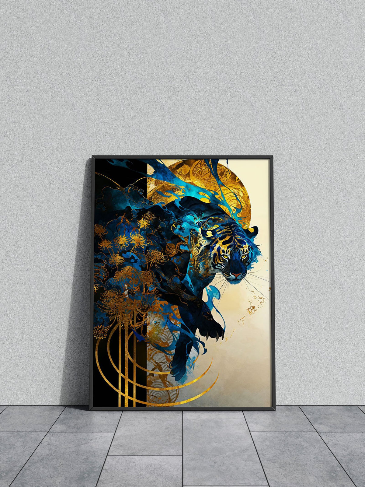 Blue Tiger with Golden Flowers Asian Style Poster | Wall Art for Home & Office | High-Quality Print - High-quality 
