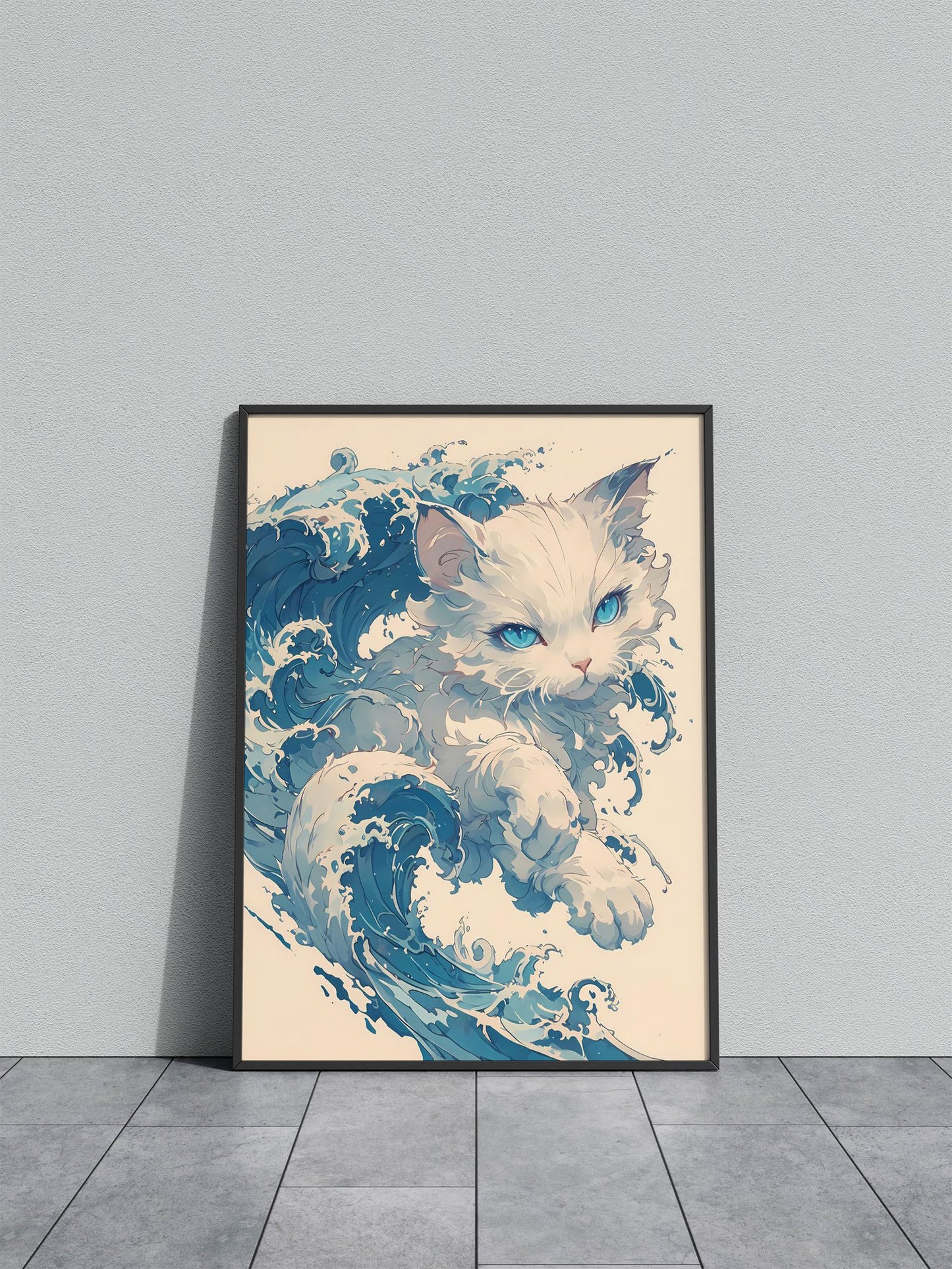 Blue Wave Kitten Asian Style Poster | Wall Art for Home & Office | High-Quality Print