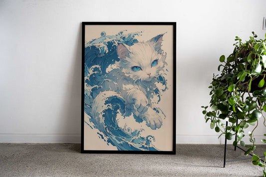 Blue Wave Kitten Asian Style Poster | Wall Art for Home & Office | High-Quality Print