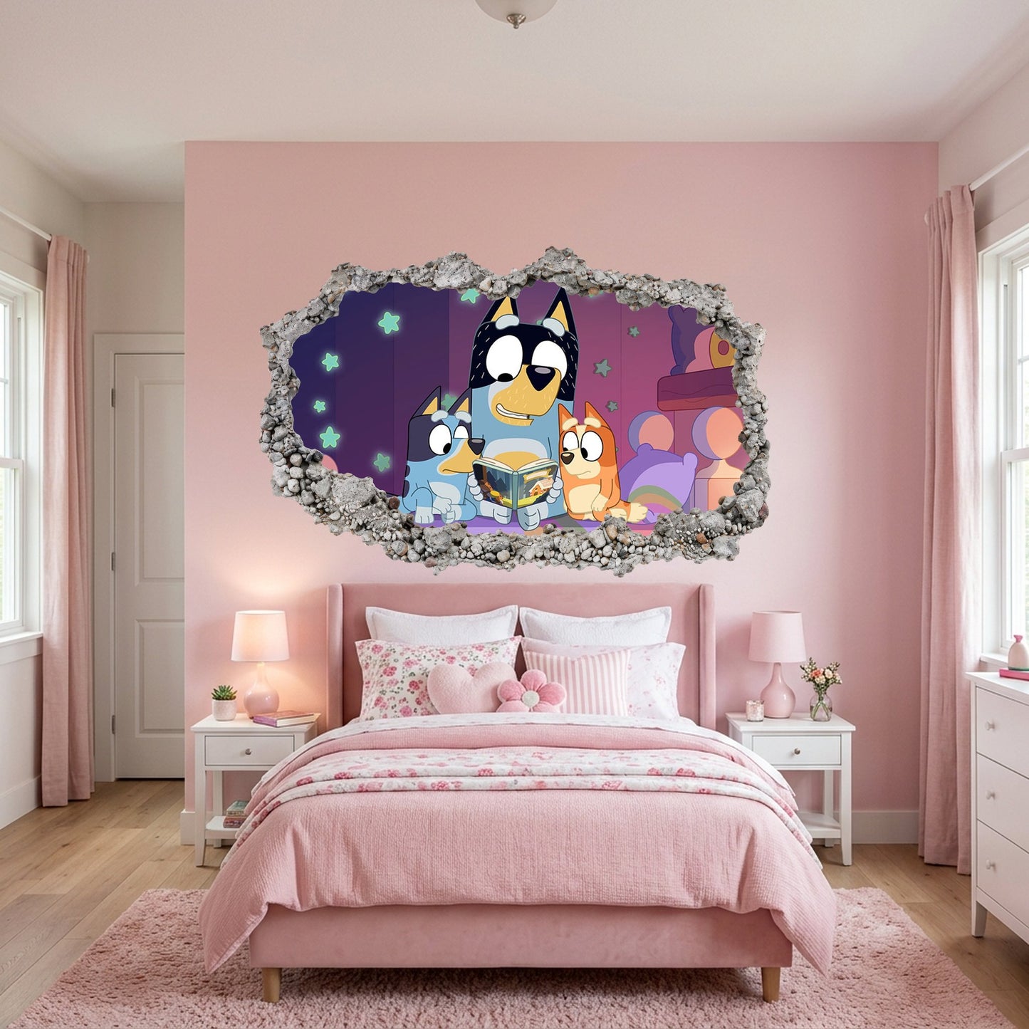 Bluey Cartoon Dog 3D Smashed Wall Decal Kids Room Decor 207