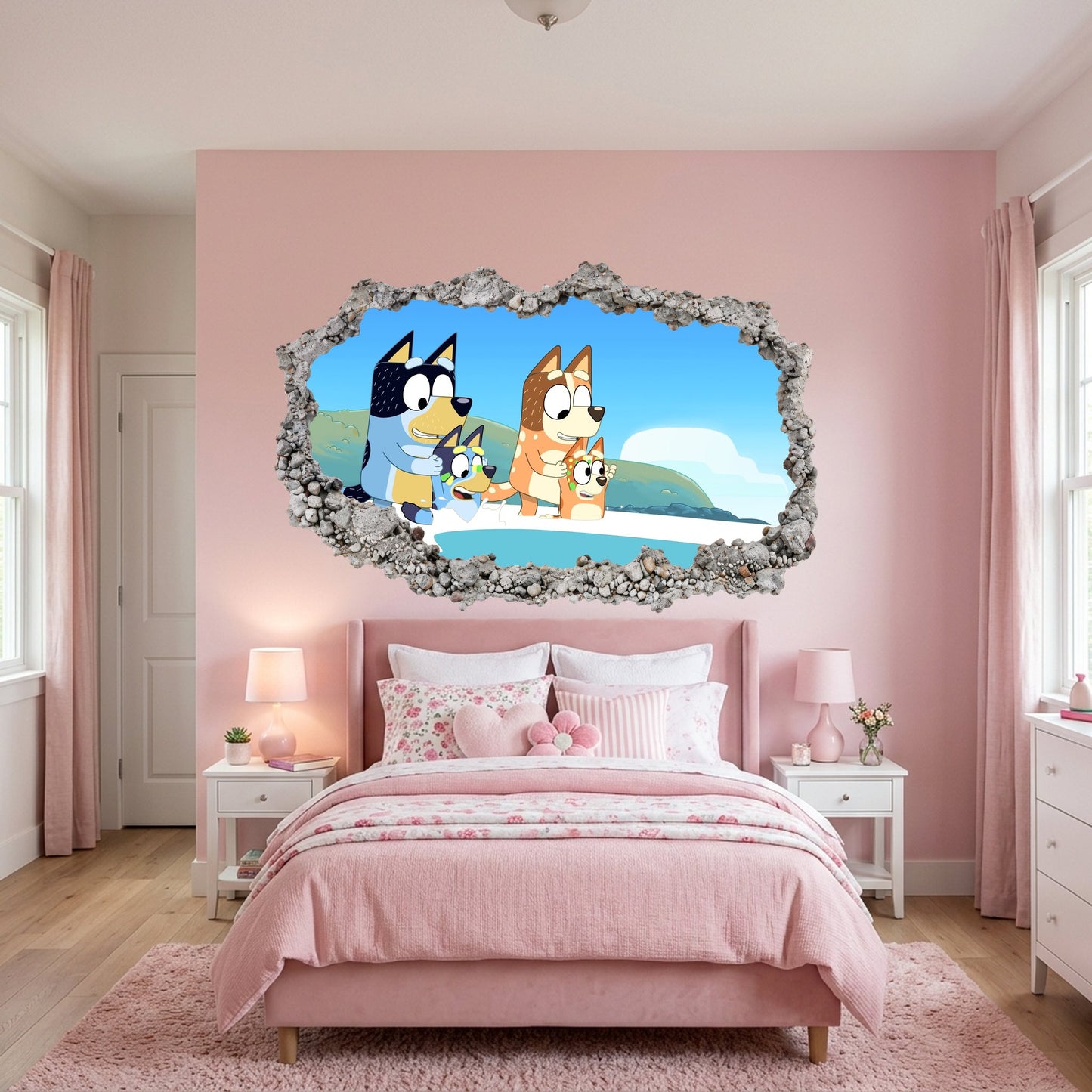 Bluey Family Kids TV Show 3D Smashed Wall Decal Vinyl Mural 196