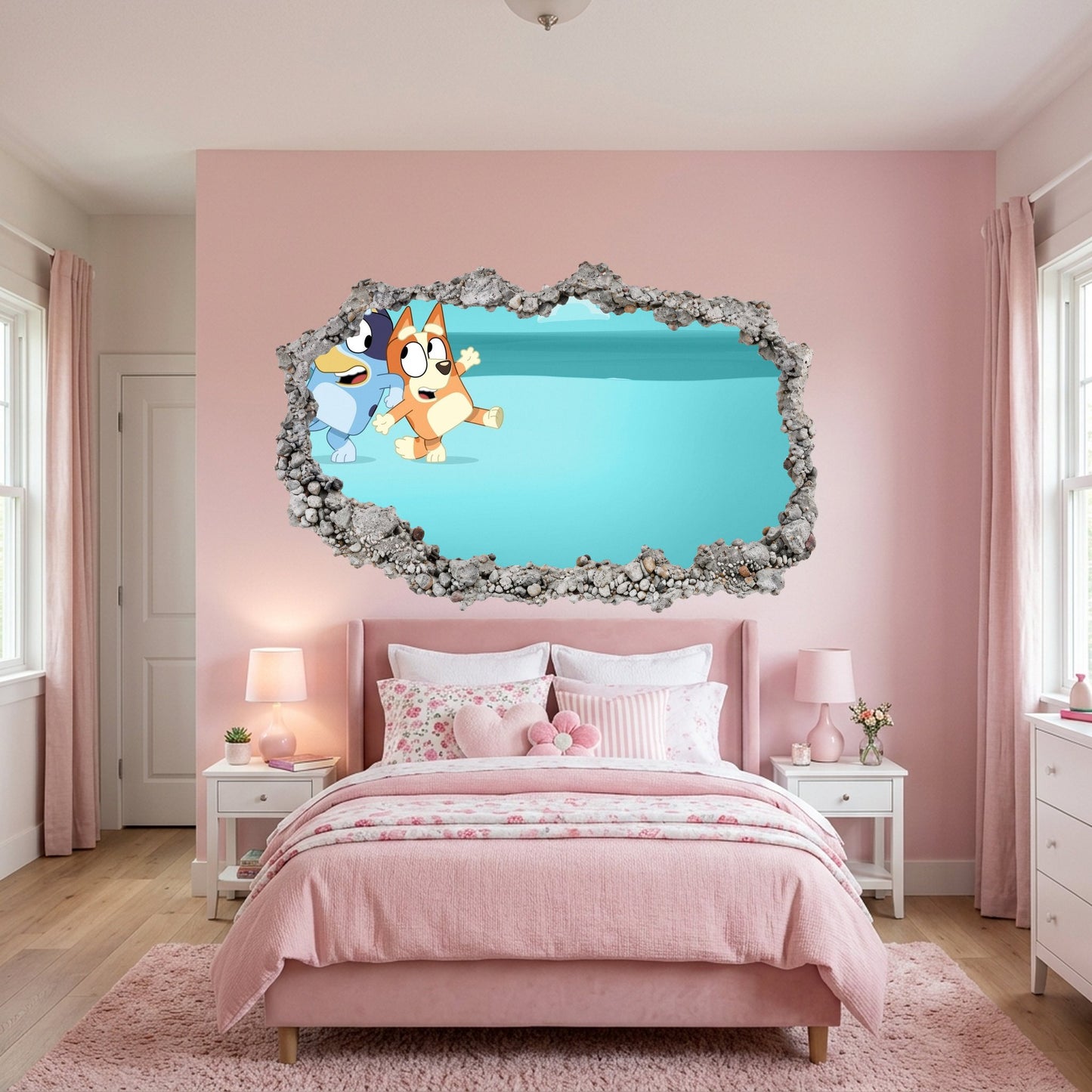 Bluey and Bingo Kids Show 3D Effect Sticker 3D Smashed Wall Decal 197