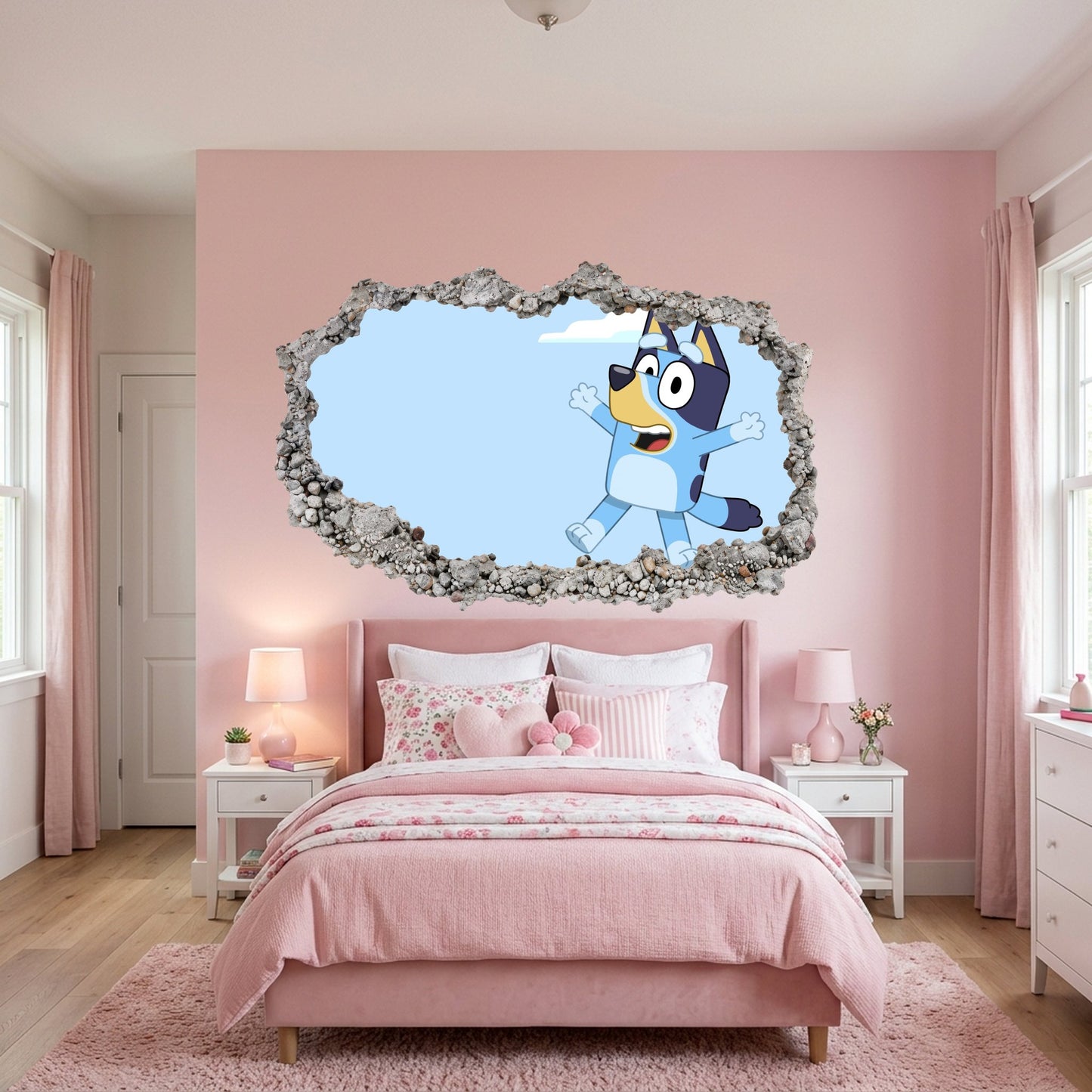 Bluey and Bingo Kids Show 3D Smashed Wall Decal 3D Wall Hole Decal 203