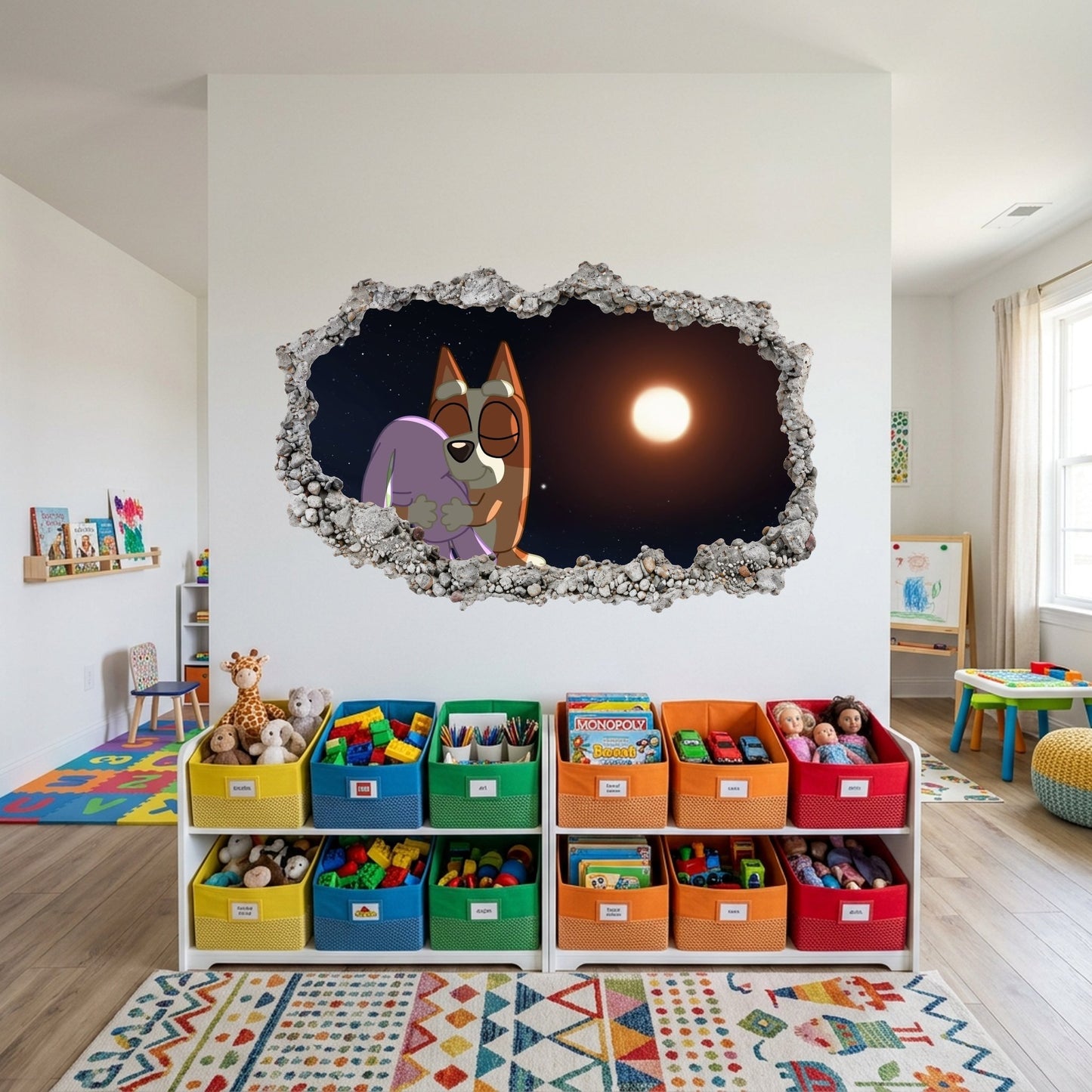 Bluey and Bingo Kids Show Playroom Art Decal 3D Smashed Wall Decal 218