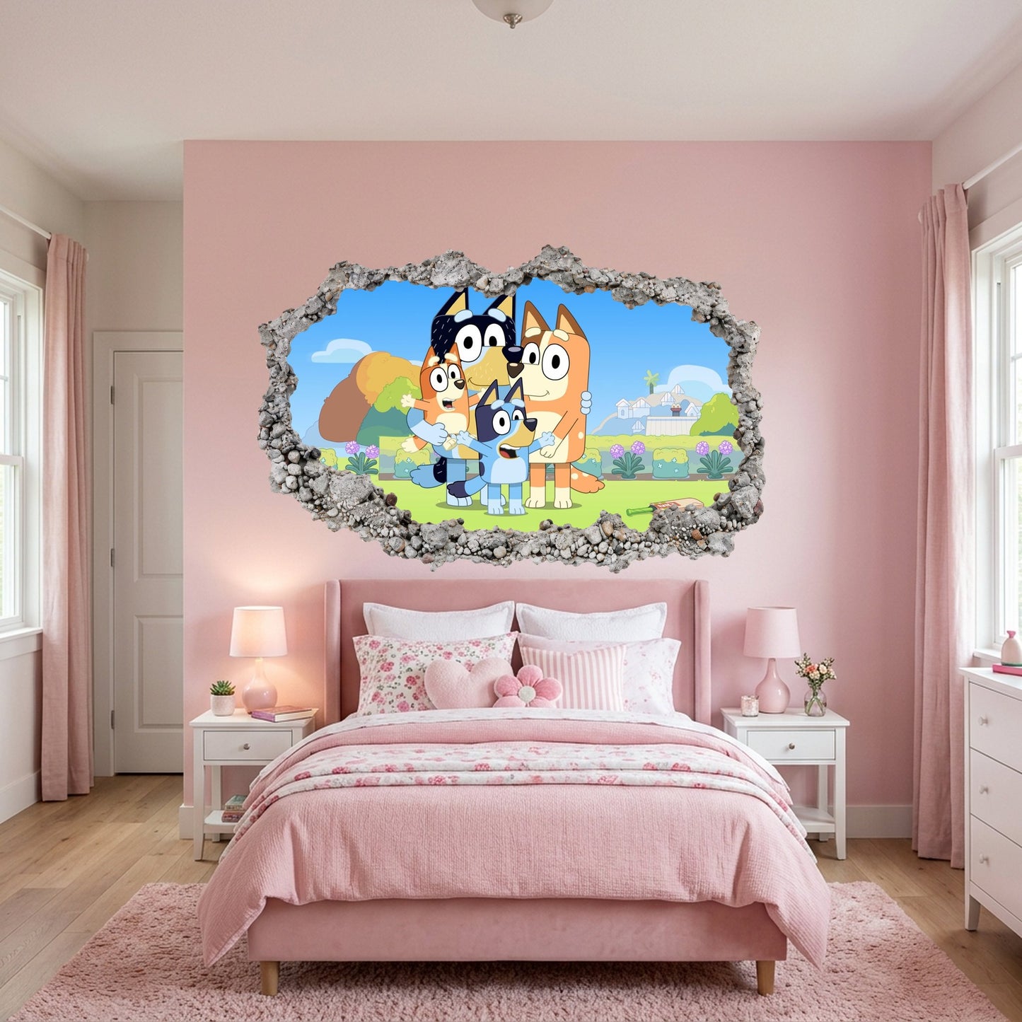 Bluey and Bingo Kids Show Wall Art Sticker Smashed Brick Decal 200
