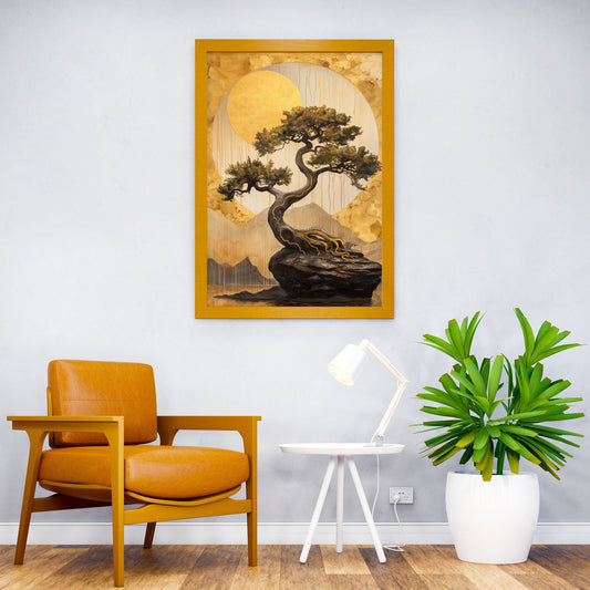 Bonsai Tree Golden Moon Asian Style Poster | Wall Art for Home & Office | High-Quality Print - High-quality vinyl s