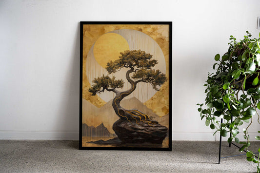 Bonsai Tree Golden Moon Asian Style Poster | Wall Art for Home & Office | High-Quality Print - High-quality vinyl s