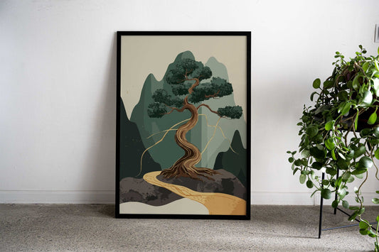 Bonsai Tree Mountain Landscape Asian Style Poster | Wall Art for Home & Office | High-Quality Print - High-quality