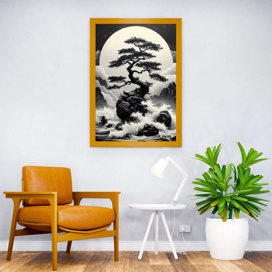Bonsai Tree Under Full Moon Asian Style Poster | Wall Art for Home & Office | High-Quality Print - High-quality vin