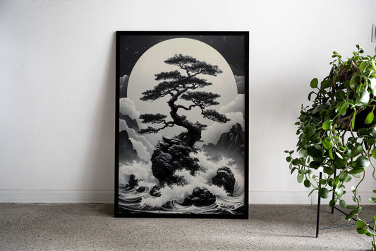 Bonsai Tree Under Full Moon Asian Style Poster | Wall Art for Home & Office | High-Quality Print - High-quality vin