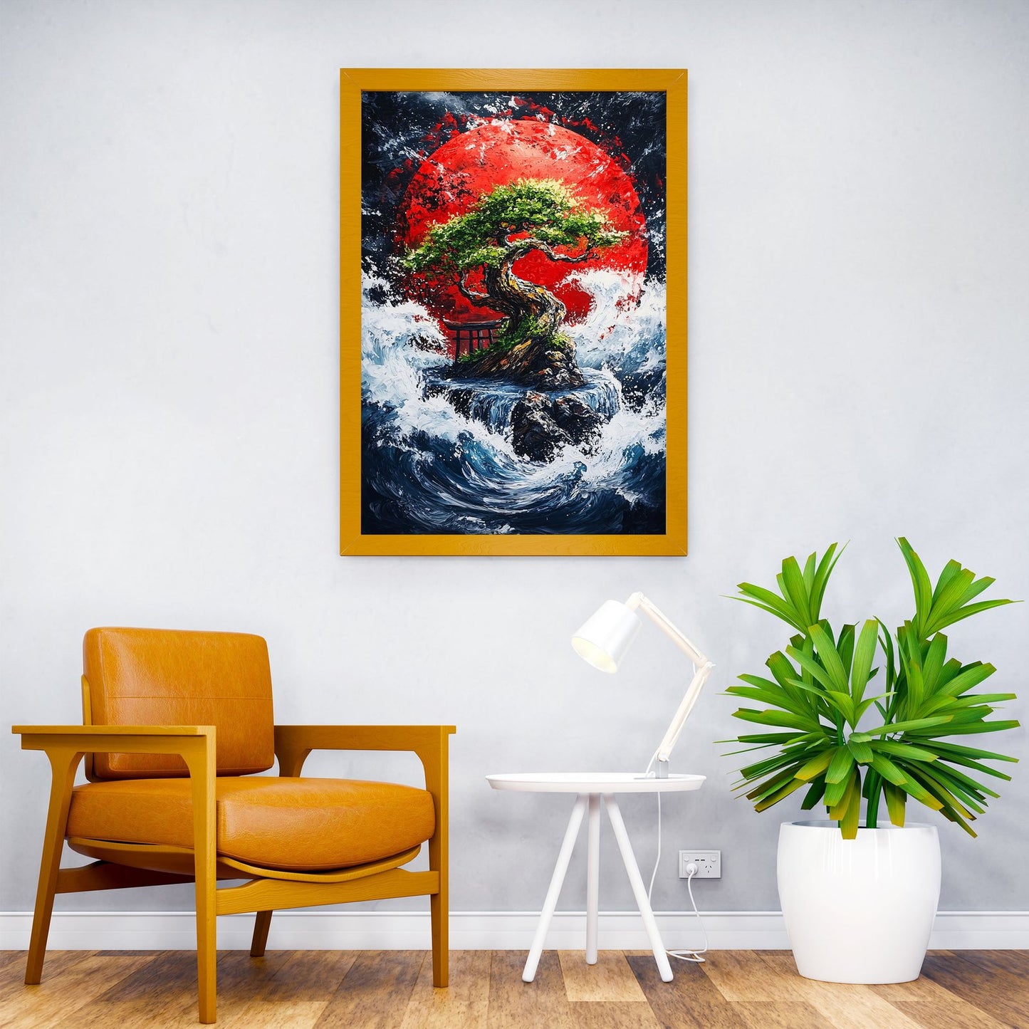 Bonsai Tree Under Red Moon Asian Style Poster | Wall Art for Home & Office | High-Quality Print