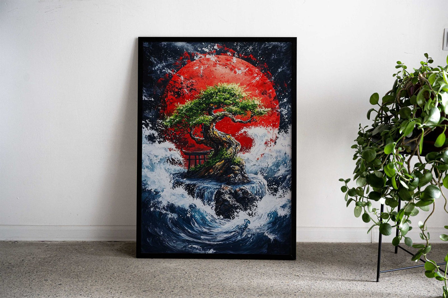 Bonsai Tree Under Red Moon Asian Style Poster | Wall Art for Home & Office | High-Quality Print