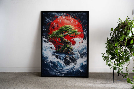Bonsai Tree Under Red Moon Asian Style Poster | Wall Art for Home & Office | High-Quality Print - High-quality viny
