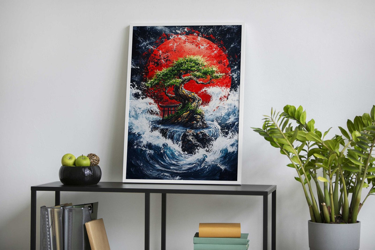 Bonsai Tree Under Red Moon Asian Style Poster | Wall Art for Home & Office | High-Quality Print