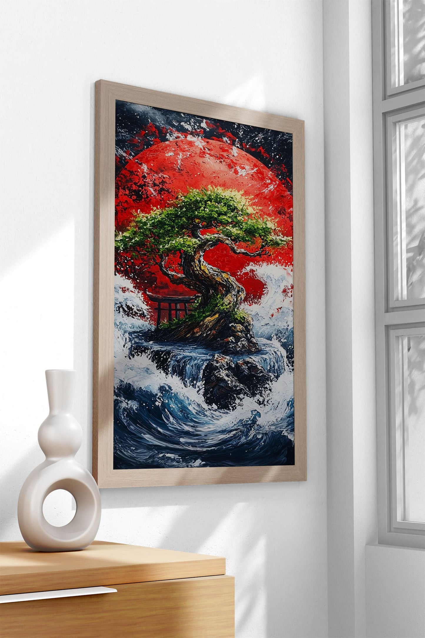 Bonsai Tree Under Red Moon Asian Style Poster | Wall Art for Home & Office | High-Quality Print