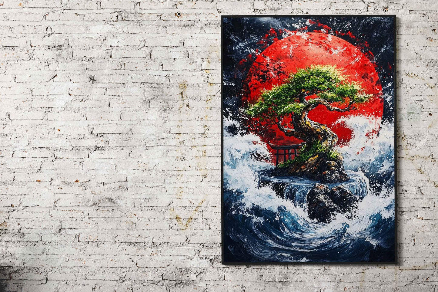 Bonsai Tree Under Red Moon Asian Style Poster | Wall Art for Home & Office | High-Quality Print