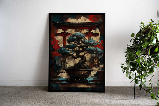 Bonsai Tree and Torii Gate Asian Style Poster | Wall Art for Home & Office | High-Quality Print - High-quality viny