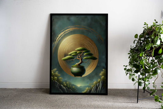 Bonsai Tree in Golden Circle Asian Style Poster | Wall Art for Home & Office | High-Quality Print - High-quality vi