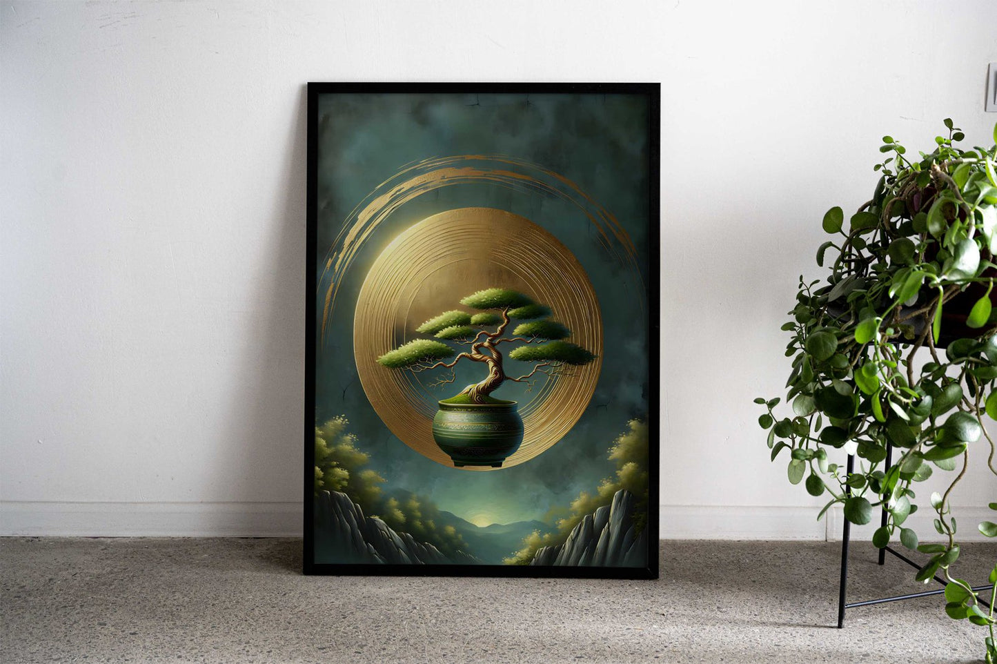 Bonsai Tree in Golden Circle Asian Style Poster | Wall Art for Home & Office | High-Quality Print - High-quality vi