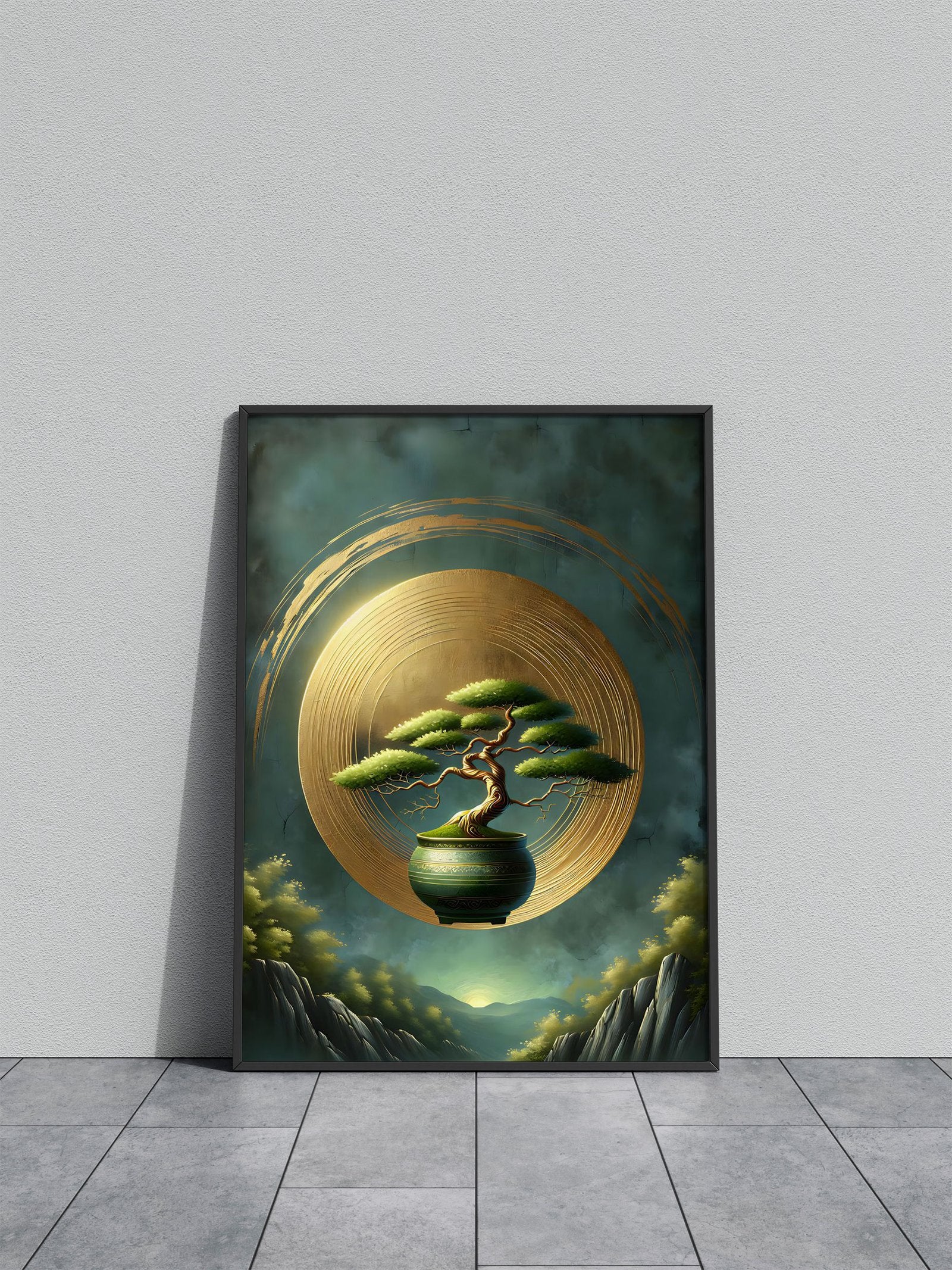Bonsai Tree in Golden Circle Asian Style Poster | Wall Art for Home & Office | High-Quality Print - High-quality vi