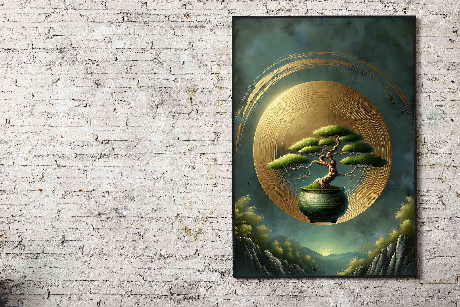 Bonsai Tree in Golden Circle Asian Style Poster | Wall Art for Home & Office | High-Quality Print - High-quality vi